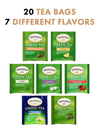 Blue Ribbon Twinings Green Tea Bags Sampler Assortment Variety Pack Box - 20 Count 7 Flavors - Perfect Variety - s for Mom Dad Family Coworkers Friends Women Men Herbal and Green Tea Lovers