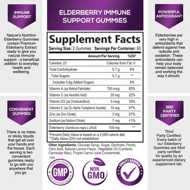 Sambucus Elderberry Gummies with Vitamin C and Zinc for Adults & Kids - Nature's Immune Support Supplement Vitamins, Vegan, Gluten Free, Non-GMO, Berry Flavored Gummy - 120 Gummies