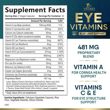 Eye Vitamins & Mineral Supplement, Contains Lutein, Zeaxanthin, Bilberry & Zinc, Supports Eye Strain, Vision Macular Health & Dry Eyes For Adults With Vitamin C & E, Lycopene - 60 Capsules