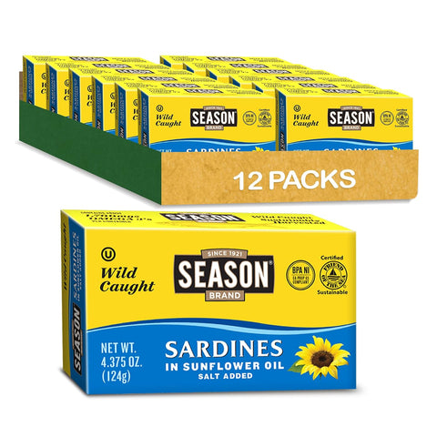 Season Sardines in Water No Salt Added Wild Caught 22g of Protein Keto Snacks More Omega 3's Than Tuna Kosher High in Calcium Canned Sardines 4.37 Oz Tins 12Pack