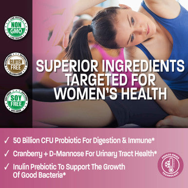 Bronson Women's Probiotic 50 Billion CFU + Prebiotic with Cranberry & D-Mannose Vaginal Health, Healthy Digestion, Immune Function and Urinary Tract Support, Non-GMO, 60 Vegetarian Capsules