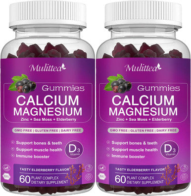 Calcium Magnesium Zinc Gummies With High Absorption Magnesium Glycinate 200Mg, Potassium -Plant Calcium Supplement W/ D3 & Sea Moss For Bone, Muscles, Calm Mood & Sleep Support- Kids & Adults (2 Pack)