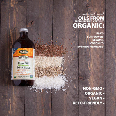 Flora Udos Choice HighLignan 369 Omega Oil Blend Udos Oil Balanced 211 Ratio of Omega Fatty Acids Made with Organic Flax Sesame Sunflower Seed Oils 17oz. Glass Bottle