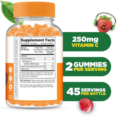 Lifeable Kids Vitamin C Gummies 250Mg Great Tasting Vit C Vegan Gmo-Vitamin C Chewable For Immune Support 90 Gummies