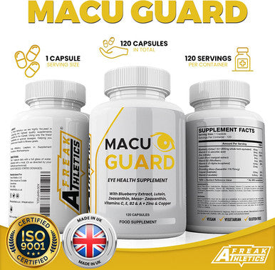 MacuGuard+ Eye Supplement - 120 Capsules - Zeaxanthin, Meso Zeaxanthin, Lutein, Blueberry Extract Plus Vitamins and Minerals - Premium UK Made