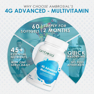 Ambrosial Ambrosial Multivitamin Tablets for Women & Men | High Strength 45 Essential Active Vitamins & Minerals |4G Advanced Formula with Ginseng Green Tea Grape Seed & Ginkgo Biloba (Pack of 1-60 Softgels)