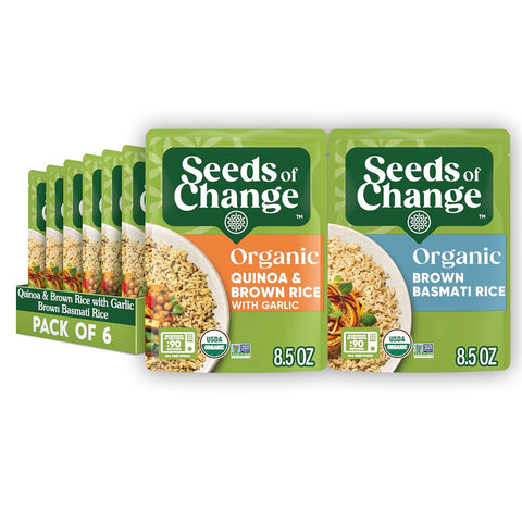 SEEDS OF CHANGE Organic Rice Variety Pack Quinoa and Brown Rice with Garlic & Quinoa Brown & Red Rice with Flaxseed, Microwaveable Ready to Heat, 8.5 Ounces (Pack of 6)