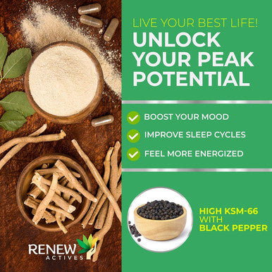 Renew Actives Ashwagandha Ksm-66 Capsules - 60 Capsules With Black Pepper, Ashwagandha Root Extract For Stress, Energy Support, Brain Supplement, And Sleep Aid