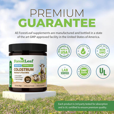 Forestleaf Colostrum Powder 50% Igg Highest Pure Concentration, Grass Fed Colostrum Supplement For Gut Health, Immune Support And Muscle Recovery, Bovine Colostrum For Humans, Unflavored, 45 Servings