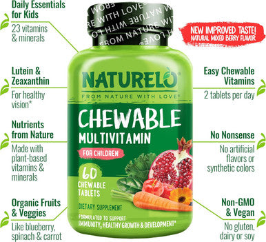 Naturelo Chewable Vitamin For Kids Multivitamin With Whole Food Organic Fruit Blend - 60 Tablets For Children