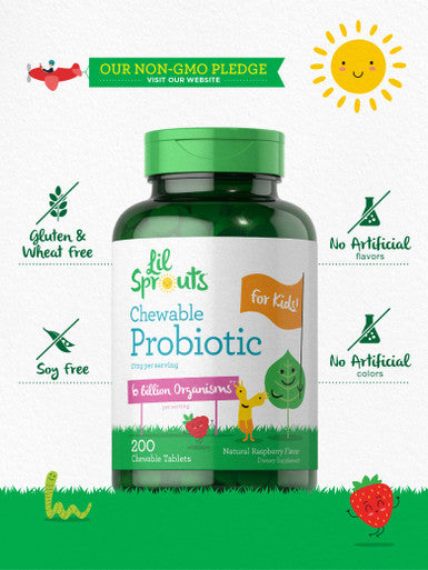 Probiotics For Kids | 200 Chewable Tablets | 6 Billion Cfus | Natural Raspberry Flavor | Non-Gmo, Gluten Free Probiotics For Chil