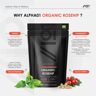 Organic Rosehip 1000mg - Pure & Potent Powder - Organic, Non GMO, Gluten , Halal - 120 Vegan Capsules