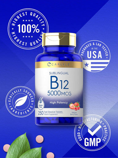 Carlyle Vitamin B12 5000mcg | 250 Fast Dissolve Tablets | Natural Berry Flavor | Vegetarian Non-GMO Gluten