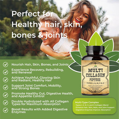 Herbalicious Multi Collagen Peptides Capsules - Non-GMO & Gluten Type I II III V X Hydrolyzed Collagen Supplements with Vitamin C - Supports Healthy Hair Skin Nails & Joints - 120 Capsules