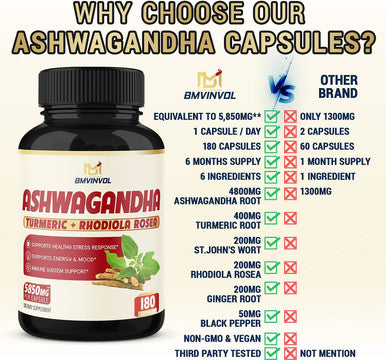 6 Months Supply Ashwagandha Extract Capsules 5850 mg 180 Capsules Mood Immune Support with St.Johns Wort Turmeric Rhodiola Rosea Extract