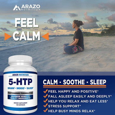 5HTP 200mg Plus Calcium for Mood Sleep Supports Calm and Relaxed Mood 99 High Purity 120 Capsules Arazo Nutrition
