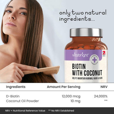 Biotin Hair Growth Vitamins 12000Mcg, 400 D-Biotin Tablets With Coconut, Vegan Hair Skin & Nails Vitamins For Women And Men High Strength Fast Hair Vitamins, Vitabright Vitamin B7 Biotin For Hair