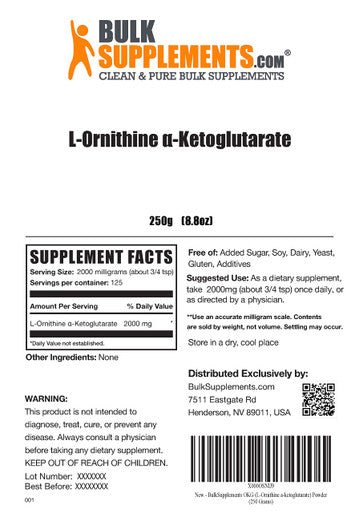 BulkSupplements L-Ornithine Alpha-Ketoglutarate Powder (OKG Powder) - Amino , Nitric Oxide Supplement - - 2000mg , 125 Servings (250 Grams - 8.8 oz)