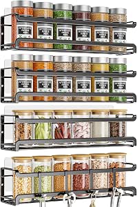 Skiileor Spice Rack Organizer with 28 Spice Jars, Black Lids, Spice Labels | Chalk pen and Funnel Set for Cabinet, Countertop, Pantry, Cupboard or Wall Mount
