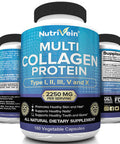 Nutrivein Multi Collagen Pills 2250mg - 180 Collagen Capsules - Type I, II, III, V, X - Anti-Aging, Healthy Joints, Hair, Skin, Bones, Nails, Hydrolyzed Protein Collagen Peptides for Woman and Men