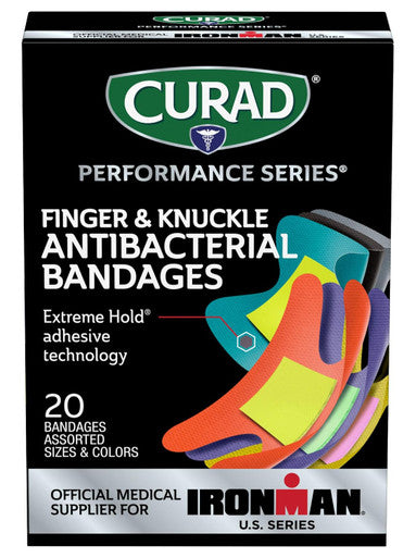 Curad Performance Series Ironman Fingertip and Knuckle Antibacterial Bandages Extreme Hold Adhesive Technology Fabric Bandages 20 Count (Pack of 1)