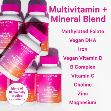 Pink Stork Total Prenatal Vitamins with DHA Folate Iron Choline and Vitamin B12 - Prenatals for Women to Support Fetal Development Pregnancy Must Haves - Mint Essence 60 Capsules 1 Month Supply