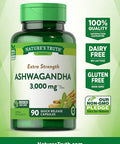 Ashwagandha Capsules | 3000mg | Extra Strength | 90 Count | Non-GMO & Gluten | Ashwagandha Root Supplement | by Natures Truth