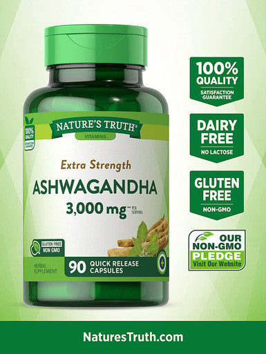 Ashwagandha Capsules | 3000mg | Extra Strength | 90 Count | Non-GMO & Gluten | Ashwagandha Root Supplement | by Natures Truth