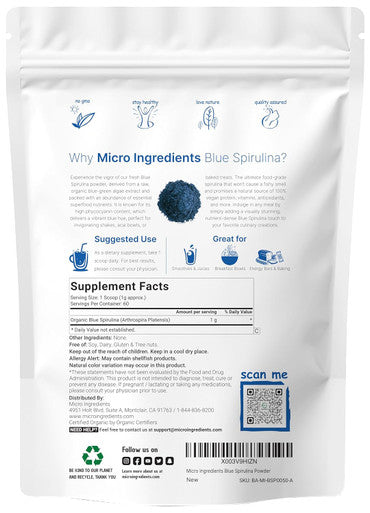 Micro Ingredients Organic Blue Spirulina Powder (Phycocyanin Extract) 60 Servings - No Fishy Smell 100% Vegan Protein from Blue-Green Algae Natural Luminous Food Coloring for Smoothies Baking Drinks & Cooking