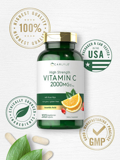 Carlyle Vitamin C 2000mg with Rose Hips 300 Caplets Vegetarian Non GMO Gluten Free Supplement