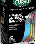 Curad Performance Series IRONMAN Antibacterial Bandages Extreme Hold Adhesive Technology Extra Long Flexible Fabric Bandages for Cuts Scrapes & Burns Assorted Colors 0.75 x 4.75 inches 20 Count