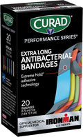 Curad Performance Series IRONMAN Antibacterial Bandages Extreme Hold Adhesive Technology Extra Long Flexible Fabric Bandages for Cuts Scrapes & Burns Assorted Colors 0.75 x 4.75 inches 20 Count