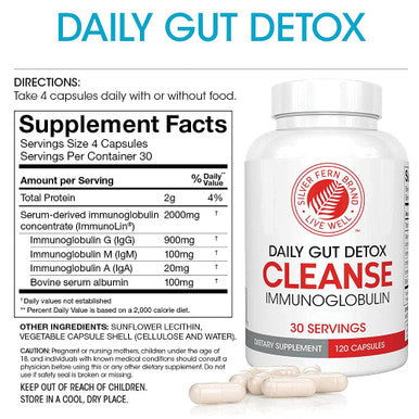 Silver Fern Cleanse - Daily Gut Detox - 1 Bottle - 120 Capsules - 30 Day Supply - Immunoglobulin G, A & M -(Igg, Iga, Igm) - Postbiotic