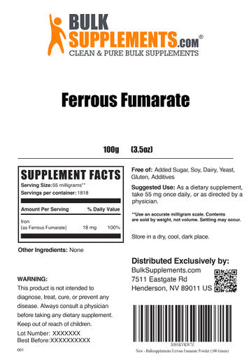 BulkSupplements Ferrous Fumarate Powder - Iron Supplement - Iron Supplement for Women - Iron Supplements for Men - Ferrous Fumarate Supplement (100 Grams - 3.5 oz)