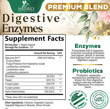Nature'S Nutrition Digestive Enzymes with Probiotics - Probiotic Multi Enzymes with Probiotics and Prebiotics for Digestive Health and Bloating Relief for Women and Men Daily Enzymes for Gut & Digestion - 120 Capsules