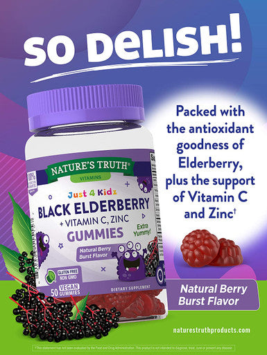 Kids Black Elderberry Gummies | 50 Count | with Zinc and Vitamin C | Vegan, Non-GMO & Gluten Supplement | by Nature's Truth