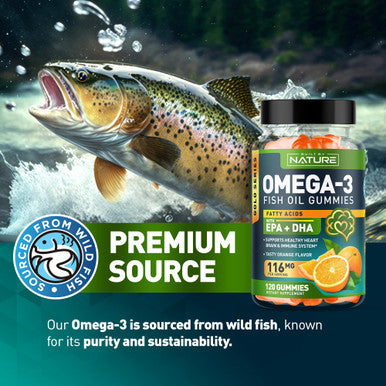 Built Nature Omega 3 Fish Oil Gummies With Epa & Dha From Wild Fish - Triple Strength Omega 3 Fish Oil Gummy, Supports Healthy Heart, Brain & Immune System, Burpless & Natural - 120 Gummies, 60 Day Supply