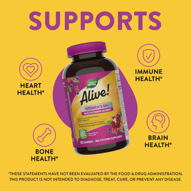 Nature'S Way Alive! Women S 50+ Daily Gummy Multivitamins, Supports Multiple Body Systems*, Supports Healthy Heart, Brain & Bones,* B-Vitamins, Mixed Berry Flavored, 150 Gummies (Packaging May Vary)