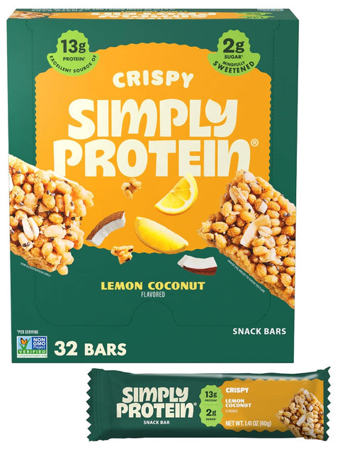 Simply Protein - Dark Chocolate Almond Crispy Bars - Plant Based Protein Bars - Low Carb, Low Sugar, High Fiber - 13g Protein, 2g Sugar, 7g Fiber - Vegan, Gluten Free, Non GMO, Kosher - 32 Bars
