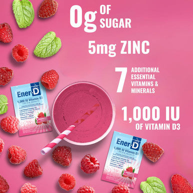 Ener-D Raspberry Multivitamin Drink Powder - Sugar Vitamin D3 - Immune & Energy Support - For Men & Women - Zinc, Vitamin B & C, Electrolytes - Vegan, Non-Gmo Real Fruit Juice - 24 Servings