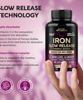 Iron Supplement For Women - Iron 65Mg (Ferrous Sulfate 325Mg) - Stomach Friendly Slow Release Iron High Absorption - Vitamins C, D3, B6, B12 & Folate - Iron Level & Energy Support - 60 Capsules