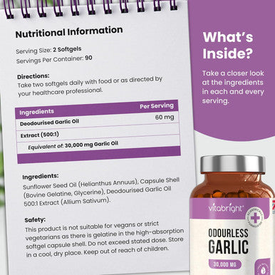 Vitabright Odourless Garlic Capsules High Strength 30000mg 180 Garlic Oil Capsules (Daily Dose 2 Garlic Tablets for Adults) VitaBright Garlic Supplement High Allicin Pearls - Odorless Garlic Capsules