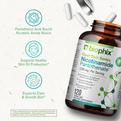 Biophix B-3 Nicotinamide Pantothenate 1350 Mg 120 Vcaps - Clear Skin Series B5 Pantothenic Acid Natural Flush- Nicotinic Amide Niacin - Supports Skin Cell Health