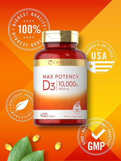 Carlyle Vitamin D 10000 IU 400 Softgels | Value Size | Max Potency | Non-GMO Gluten Supplement