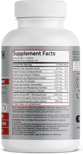 Bronson Bone Health & Strength Complex High Potency Formula 200 Mcg Of Vitamin K2 As Mk7, Plus Calcium, Boron, Cissus Quadrangularis, Magnesium, Vitamin D3, And More - Non-Gmo, 60 Tablets