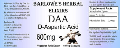 Barlowe's Herbal Elixirs D-Aspartic Acid - 60 600mg VegiCaps - Stearate Free, Glass Bottle!