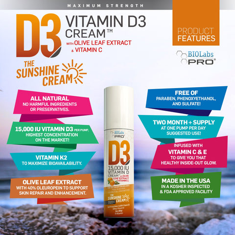 Biolabs Pro All Natural Vitamin D3 15000Iu Vitamin D Cream - Maximum Strength - Fight Vitamin D Deficiency Naturally - With Vitamin K2 & Olive Leaf Extract - Safe & Effective (15000Iu - 3.0Oz)