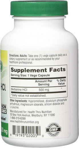 Health Thru Nutrition Berberine HCL 500Mg VegeCapsules NonGMO 120 Count