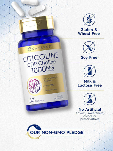 Carlyle Citicoline CDP Choline 1000mg | 60 Capsules | Extra Strength Formula | Non-GMO Gluten Supplement
