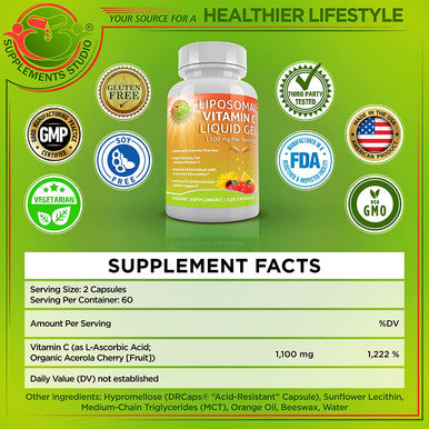 Liposomal Vitamin C Liquid Gel 1100Mg Organic Acerola Cherries Sunflower Lecithin High Potency Vitamin C Gel Drcaps For Enhanced Absorption Bioavailability 2 Month Supply Nongmo
